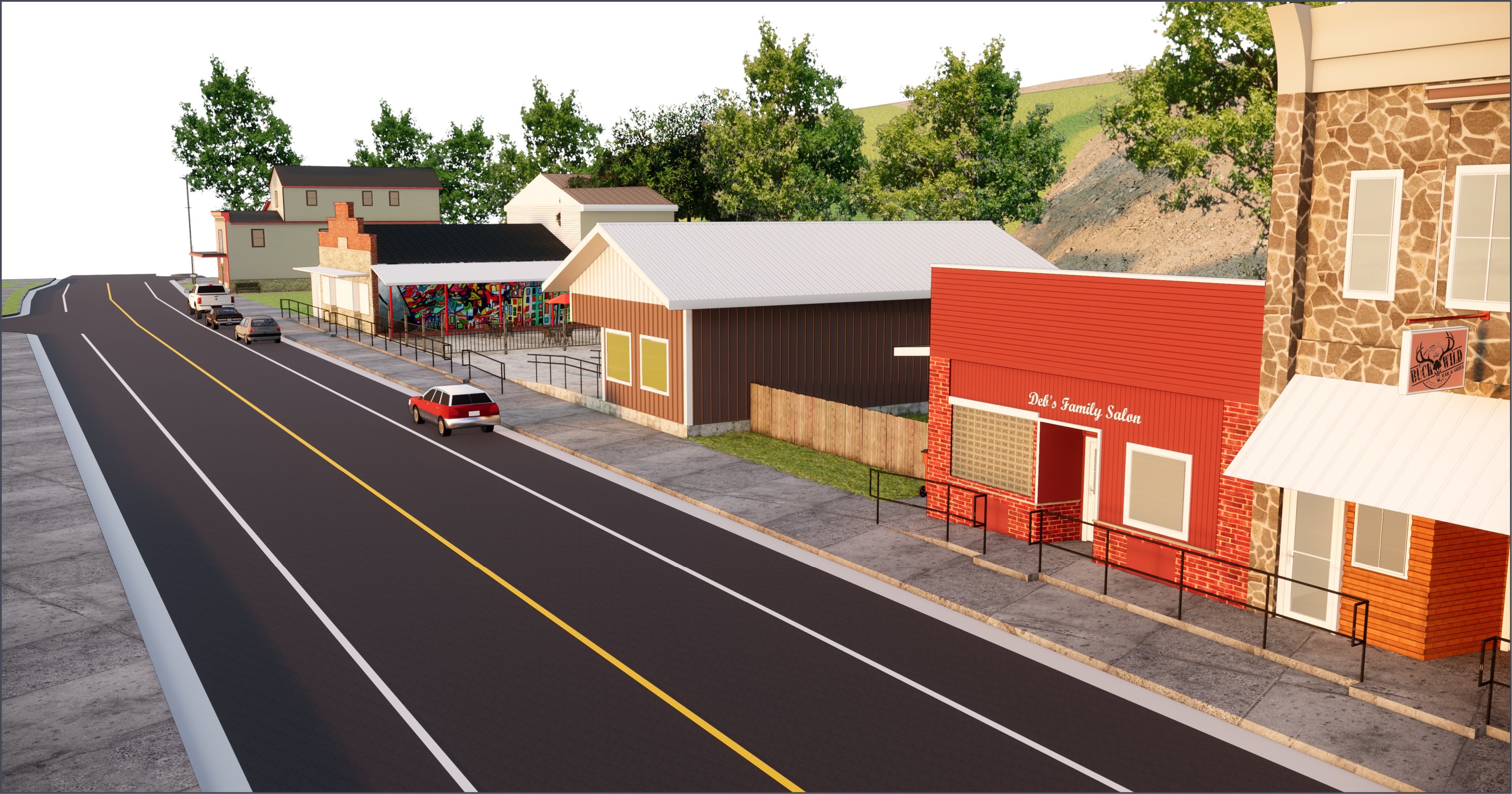 the same highway street with more view 2 buildings prior